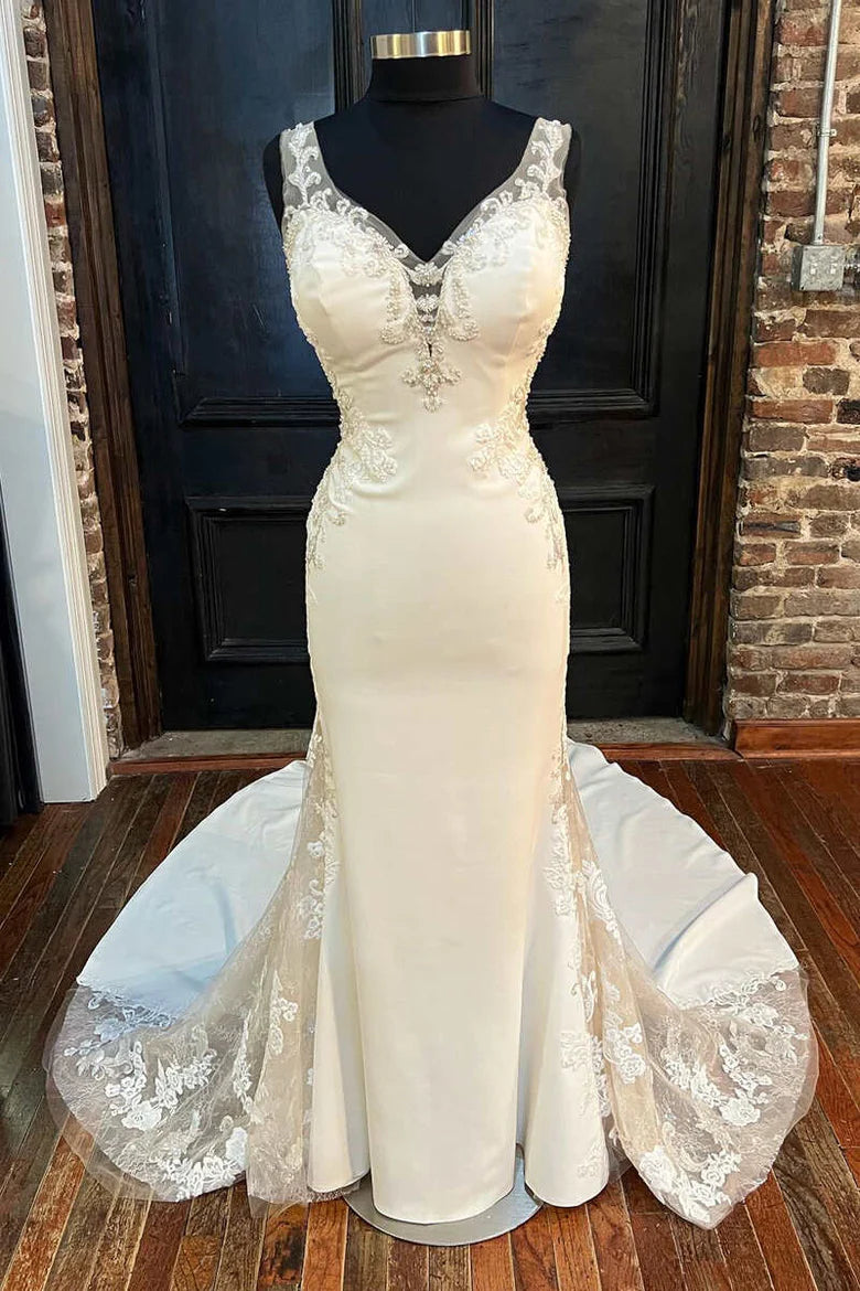 Vestido de novia largo de sirena con escote en V y espalda descubierta